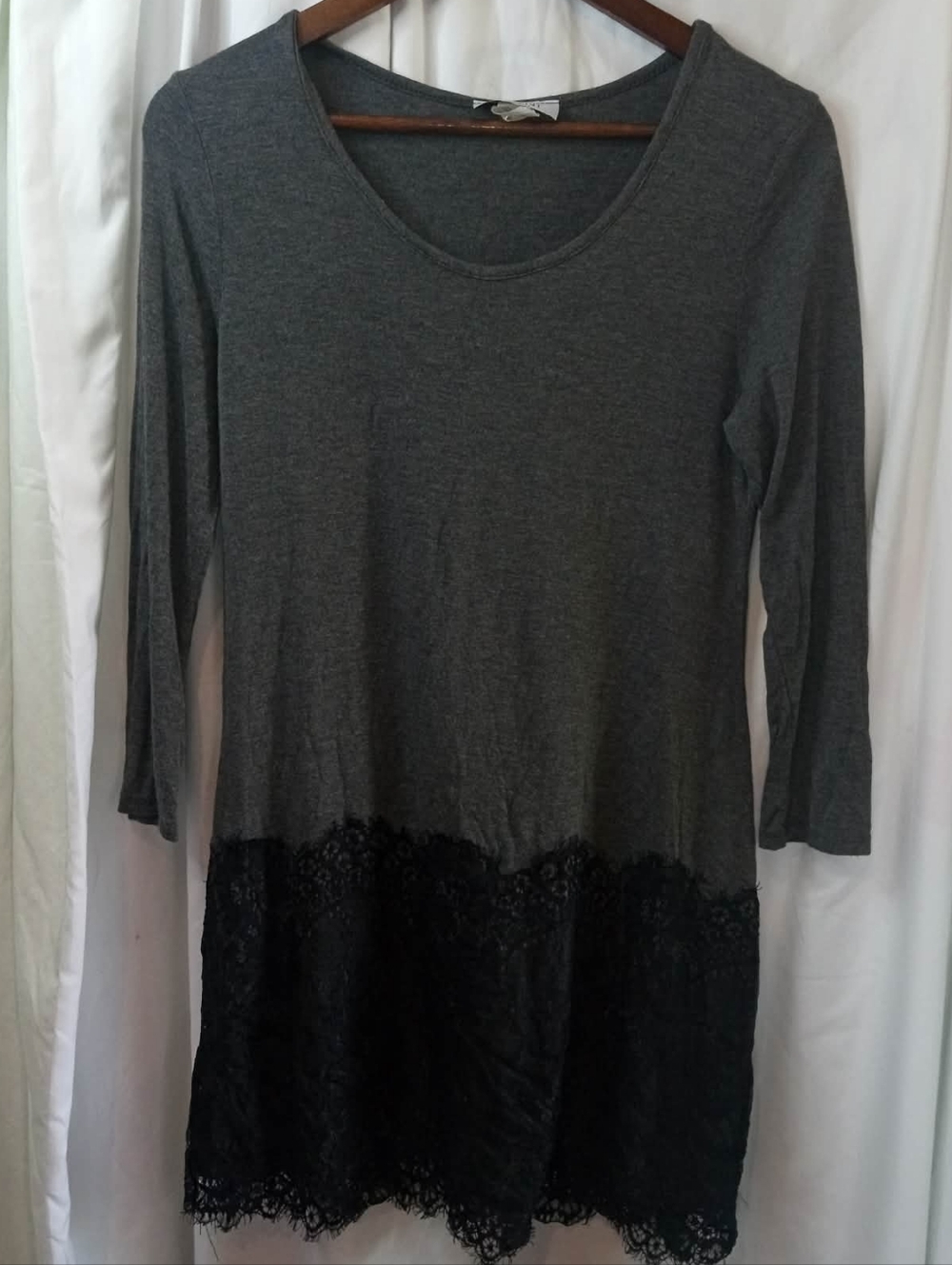 Charcoal Gray Long Sleeve Mini Tunic Dress Black Lace Hem Casual Medium Modal